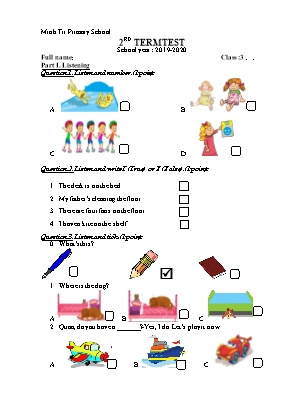 Đề kiểm tra môn Tiếng Anh Lớp 3 - Bài số 2 - Năm học 2019-2020 - Trường Tiểu học Minh Trí (Có đáp án)
